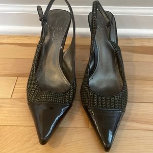 Linea Paolo leather black paten green herringbone sling backs pumps size 10M
